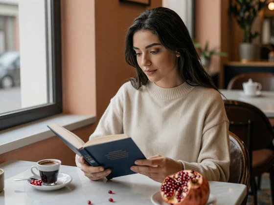 Armenian woman enjoying Armenian coffee and a book at a cozy Yerevan cafe with warm natural light