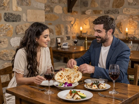 Western man and Armenian woman sharing a traditional Armenian dinner with dolma and wine in a warm stone restaurant