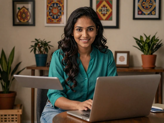 Indian woman video chatting from her Bangalore apartment decorated with Indian artwork