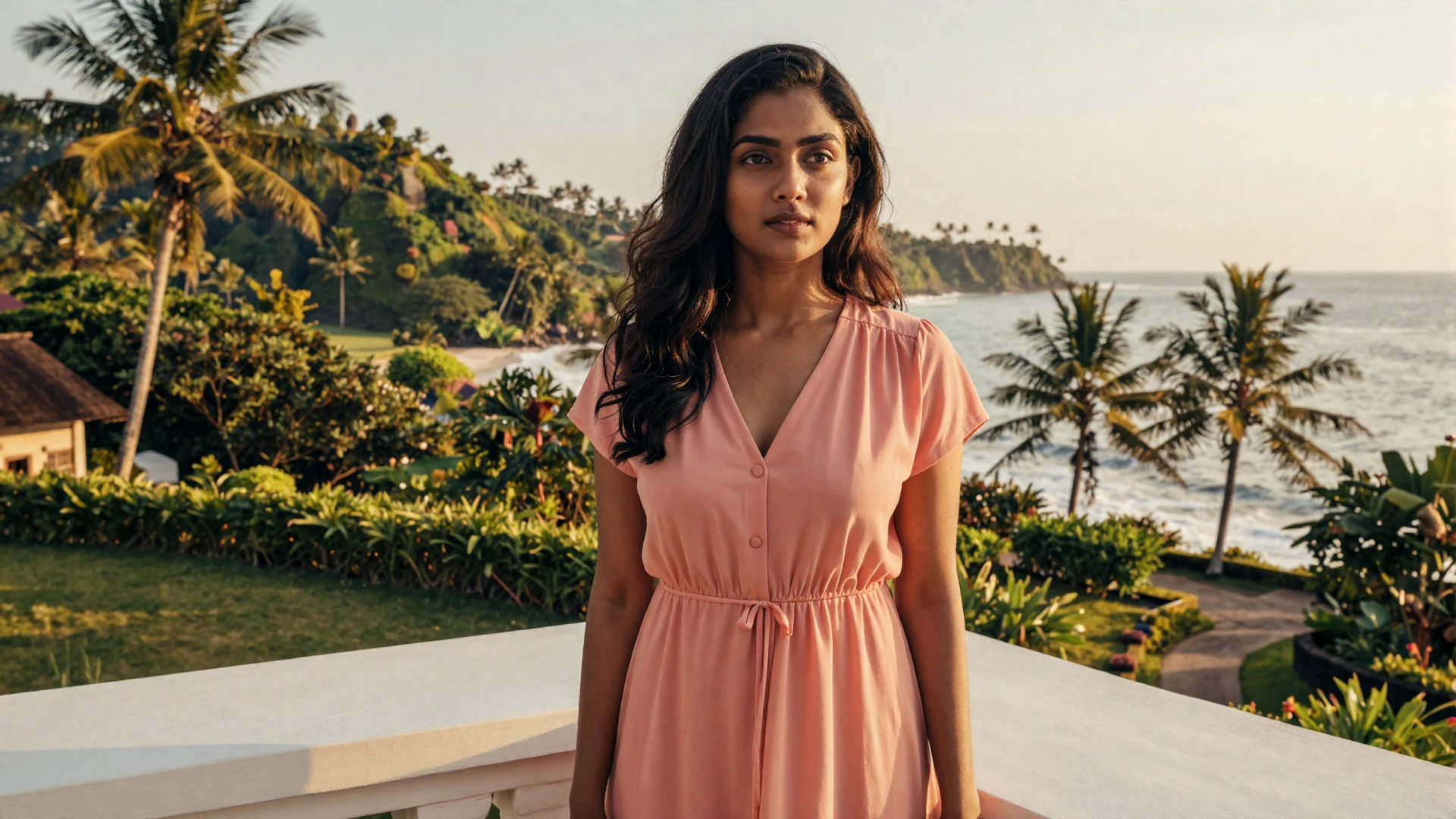 Beautiful Sri Lankan woman on a scenic terrace overlooking tropical hills and Indian Ocean coastline at golden hour