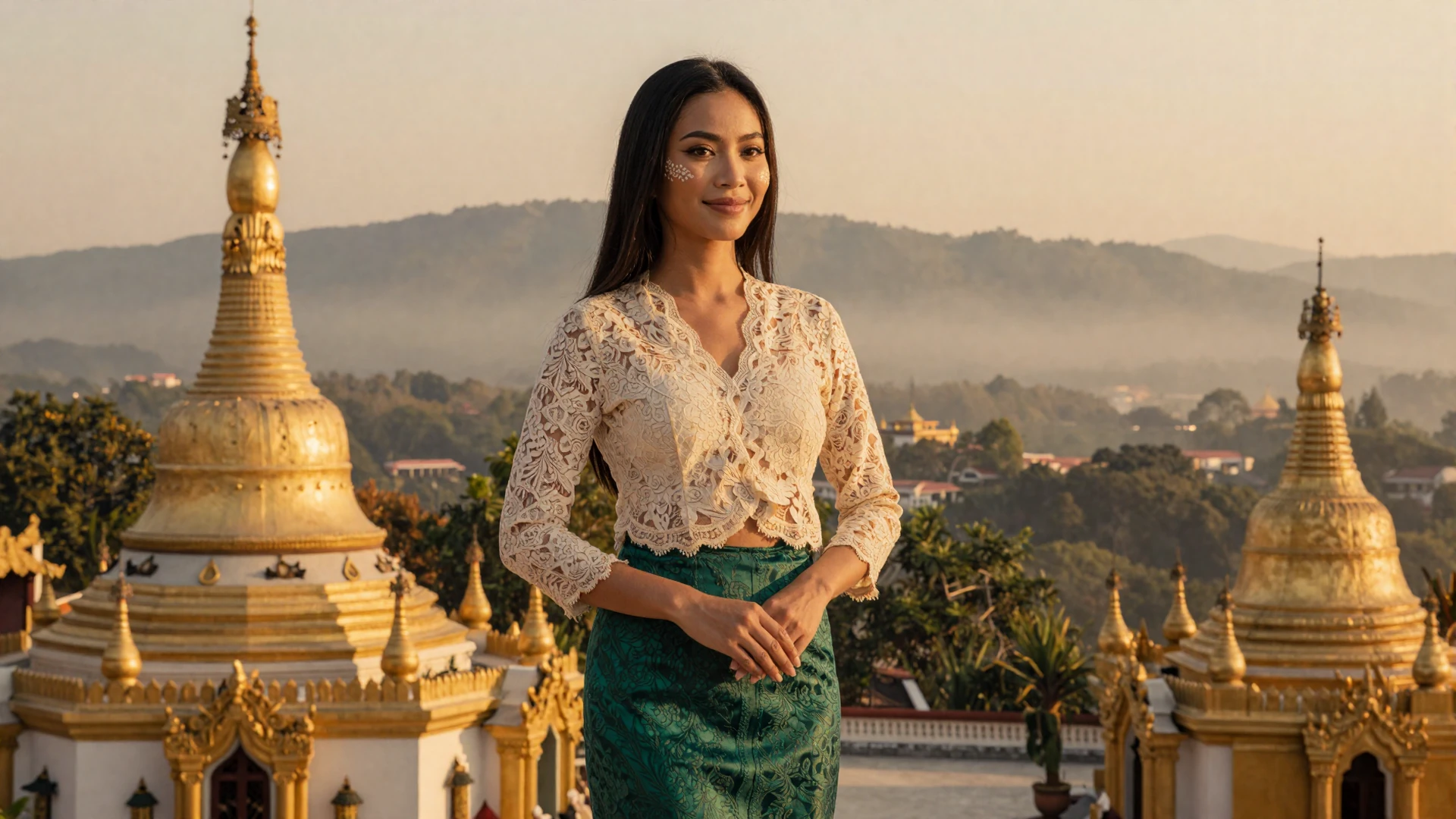 Beautiful Burmese woman wearing traditional emerald longyi standing on a terrace overlooking golden pagodas in Myanmar at golden hour