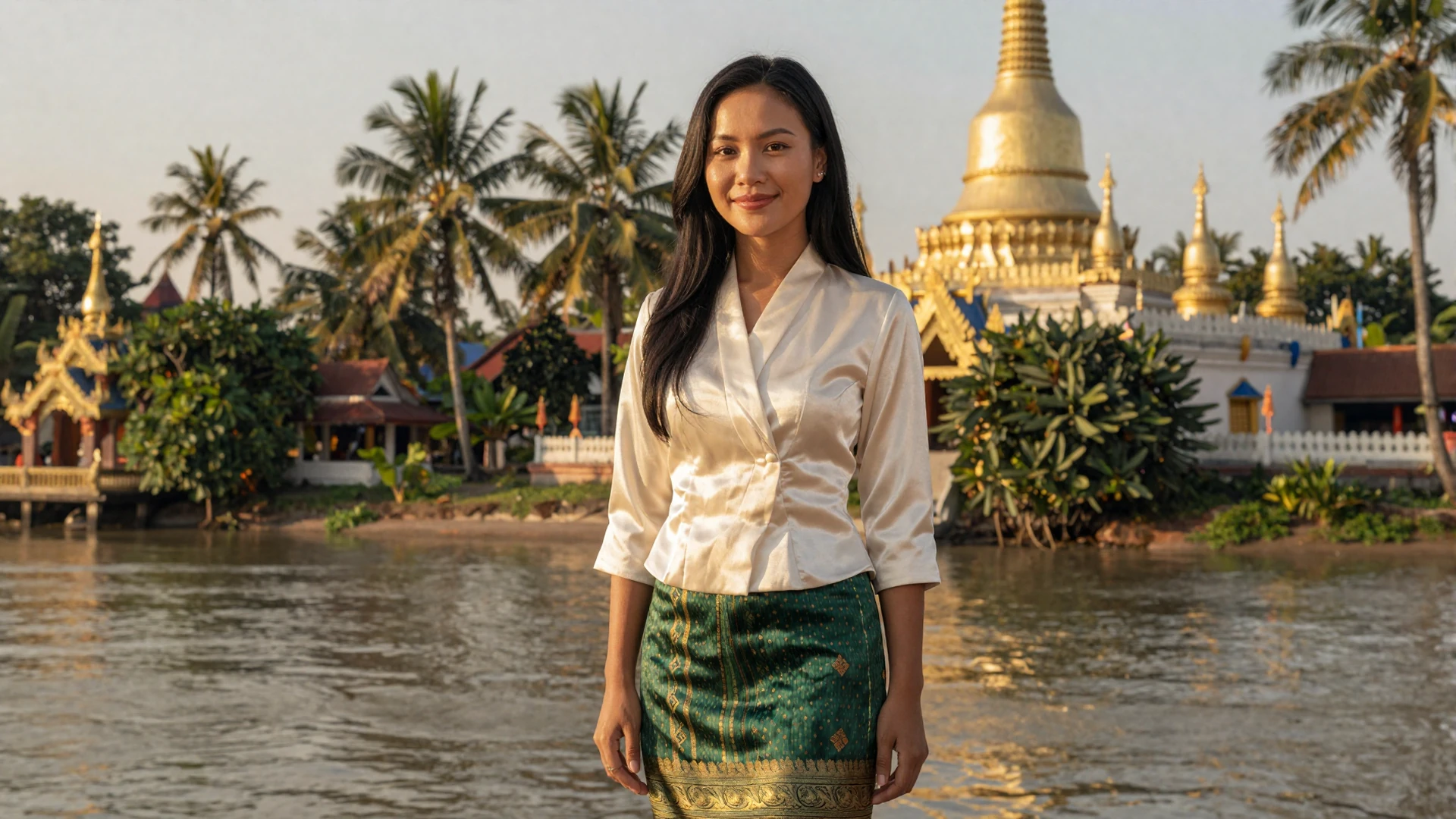 Beautiful Laotian woman in traditional green and gold sinh skirt standing near a golden Buddhist temple along the Mekong River at golden hour