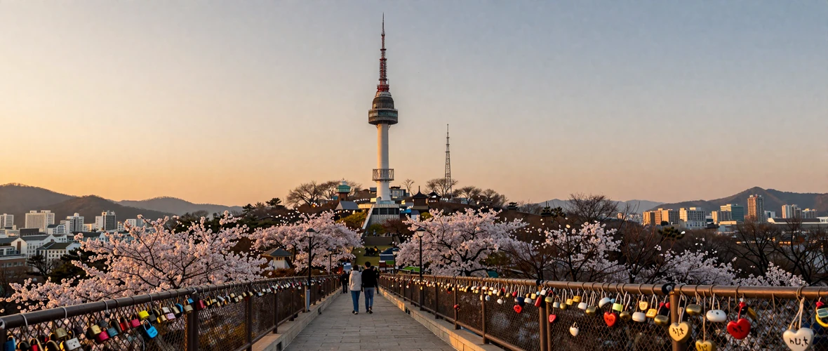 Namsan Tower in Seoul with love locks and cherry blossoms at golden hour romantic setting