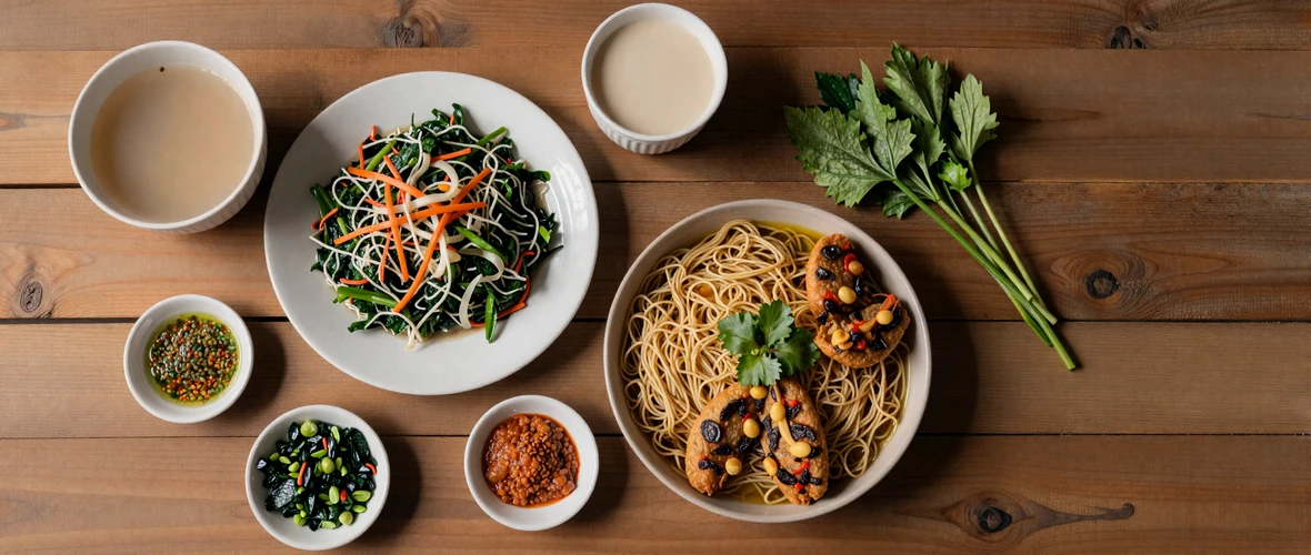 Traditional Burmese feast spread featuring mohinga soup, laphet thoke tea leaf salad, shan noodles, fritters, and milky tea
