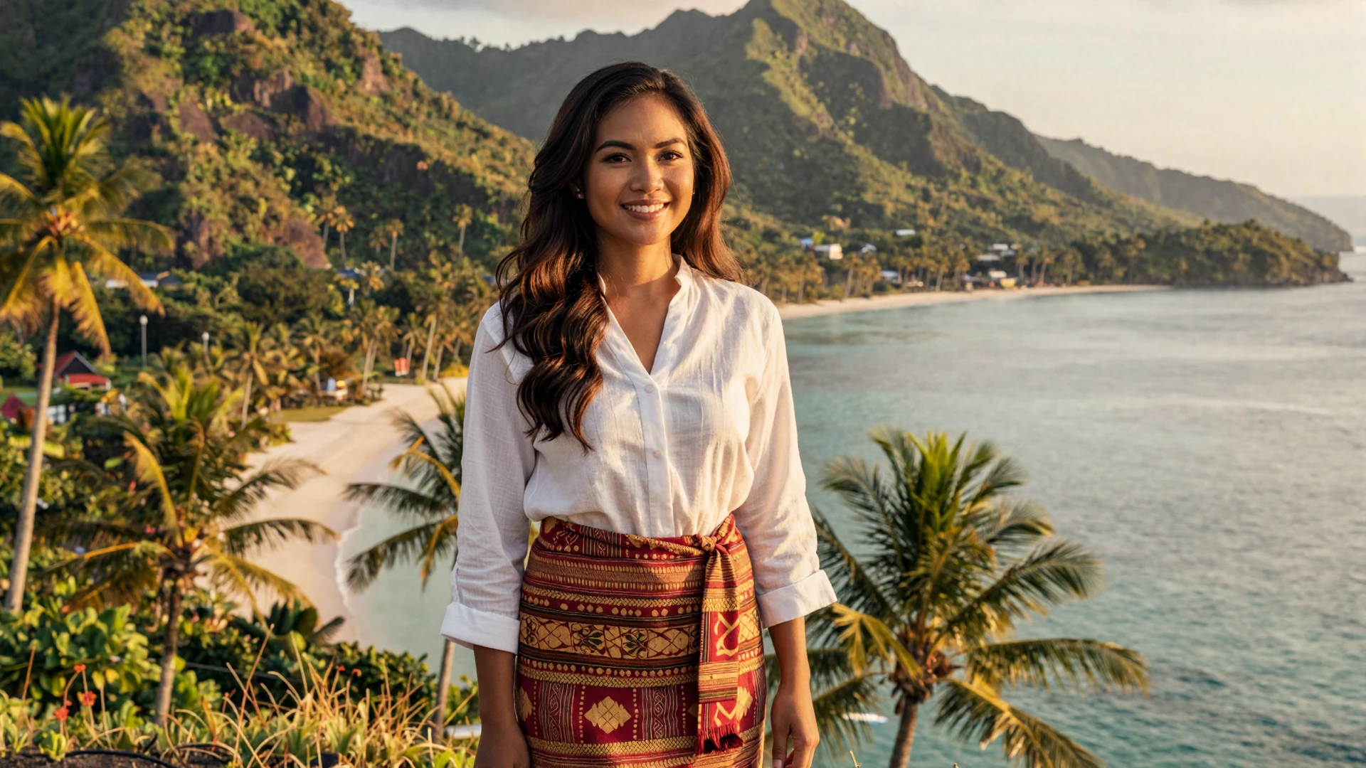Beautiful Timorese woman in traditional tais skirt standing on a tropical cliff overlooking the Timor Sea at golden hour