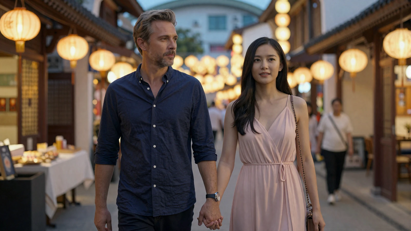 Interracial couple enjoying a romantic walk through an Asian night market