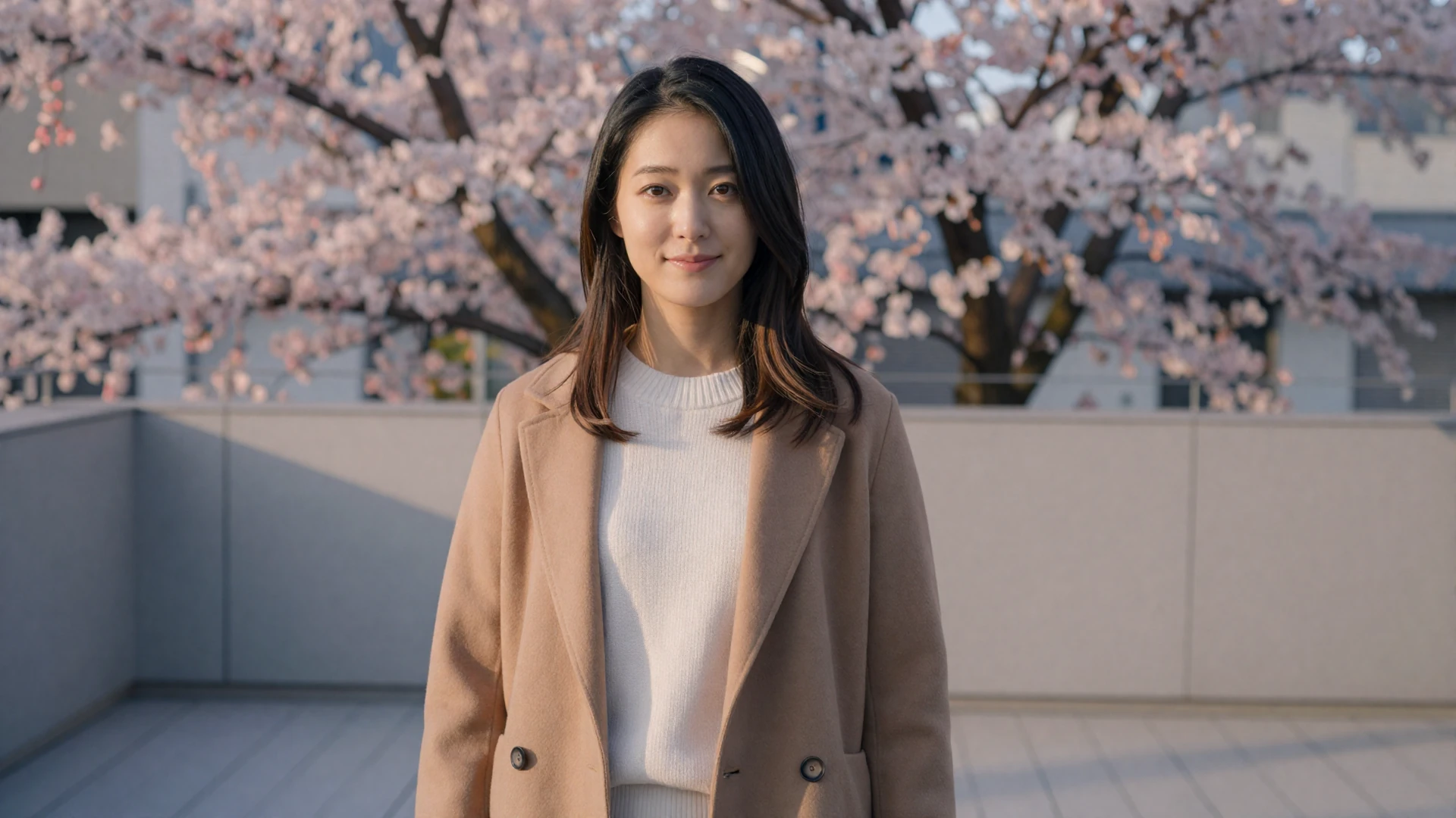 Elegant Japanese woman on a Tokyo terrace surrounded by cherry blossoms at golden hour seeking love online