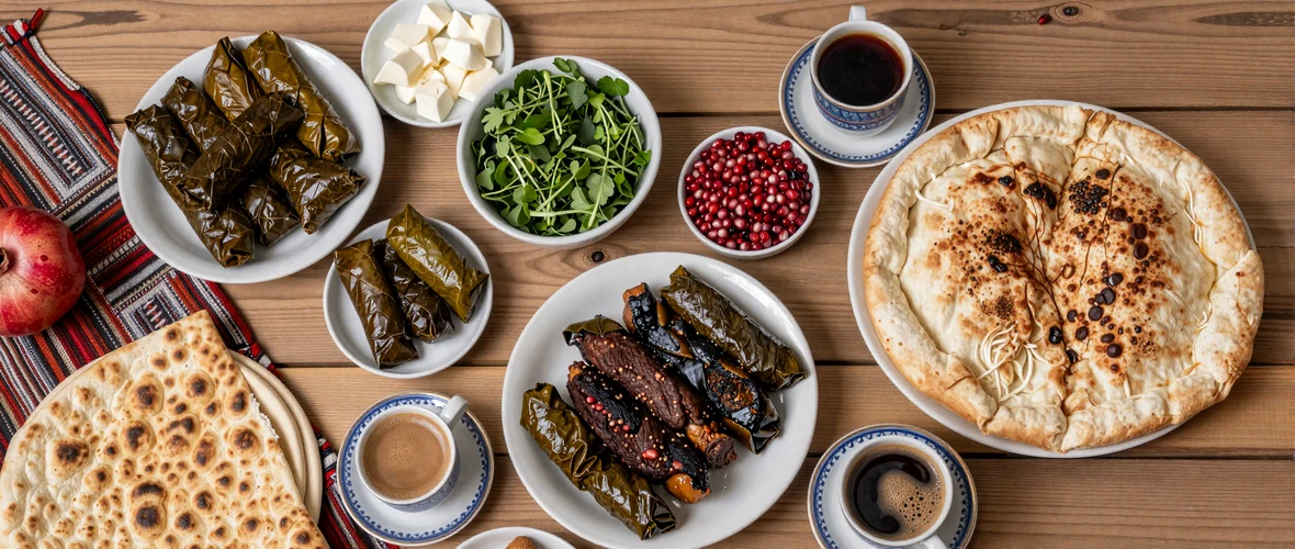 Traditional Armenian feast spread featuring dolma, khorovats, lavash, basturma, pomegranates, and Armenian coffee