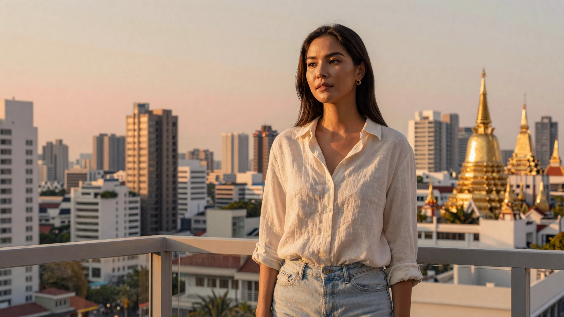 Beautiful Thai woman on a Bangkok terrace at golden hour with temple spires in the background seeking love online