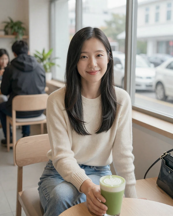 East Asian woman enjoying matcha latte at a modern Korean cafe representing dating culture in East Asia