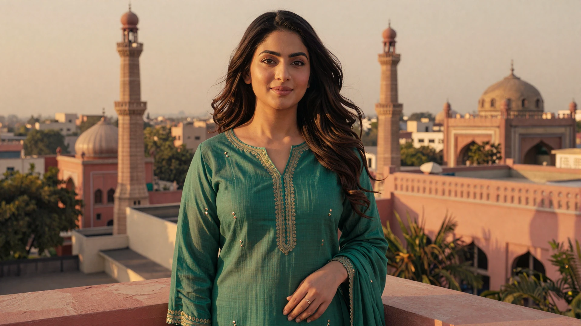 Beautiful Pakistani woman on a Lahore rooftop at golden hour seeking love online