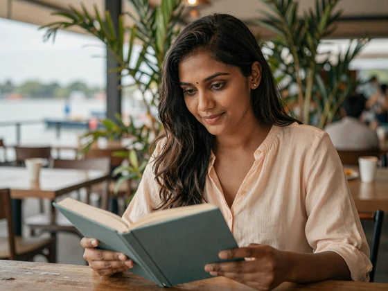 Sri Lankan woman reading at a Colombo waterfront cafe surrounded by tropical greenery