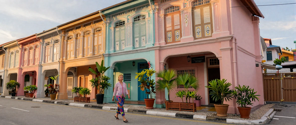 Colorful Peranakan shophouse street in Joo Chiat Singapore with Singaporean woman in modern kebaya outfit