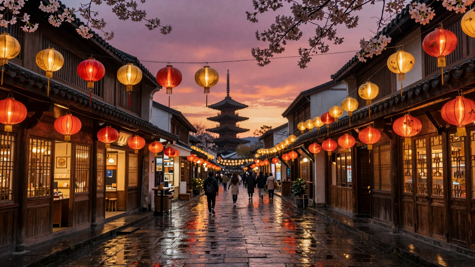 Romantic Asian cultural street illuminated by traditional red and gold paper lanterns at twilight with cherry blossoms