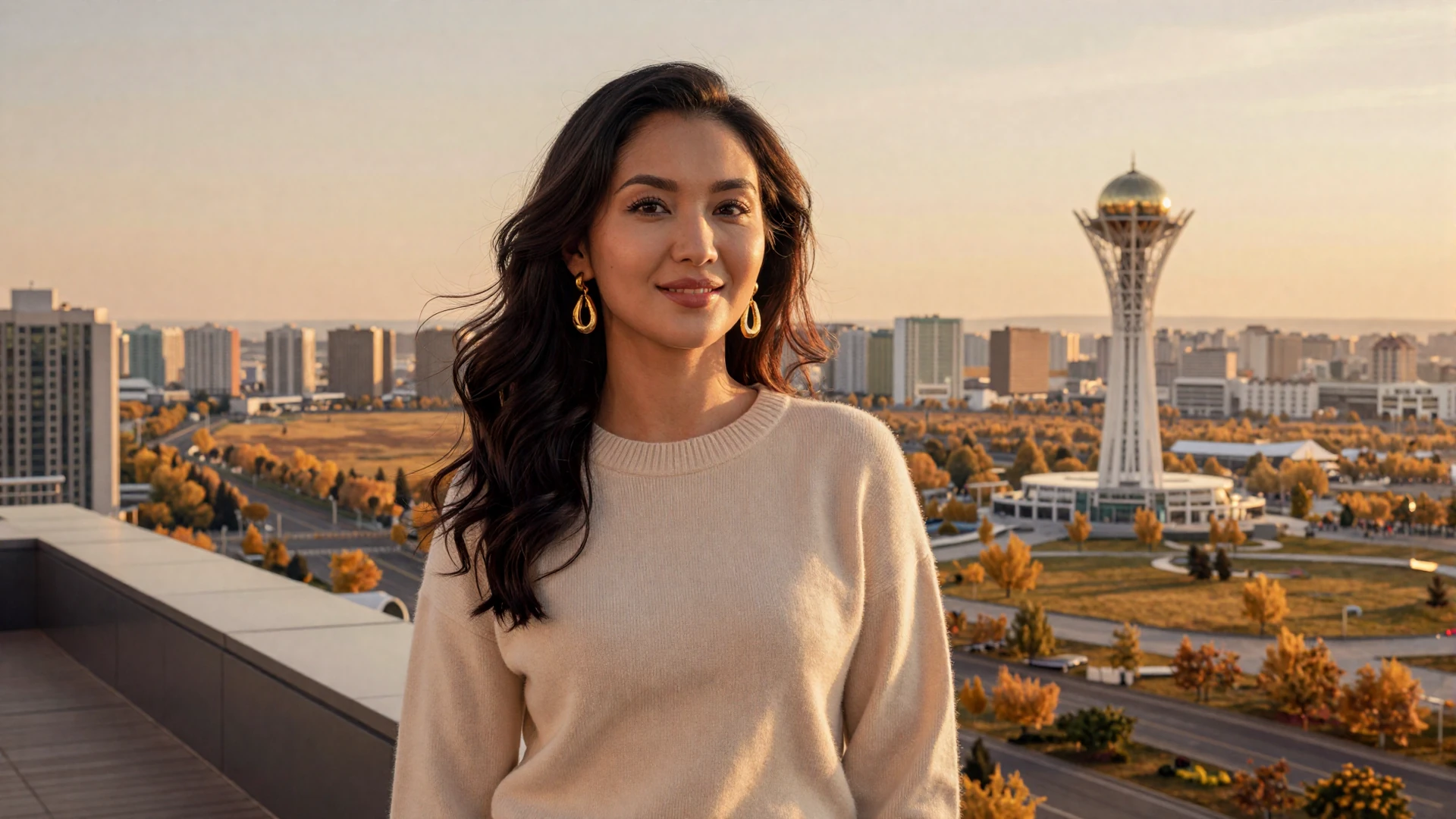 Beautiful Kazakh woman standing on a modern terrace in Astana with the golden steppe and Bayterek Tower in the background at golden hour