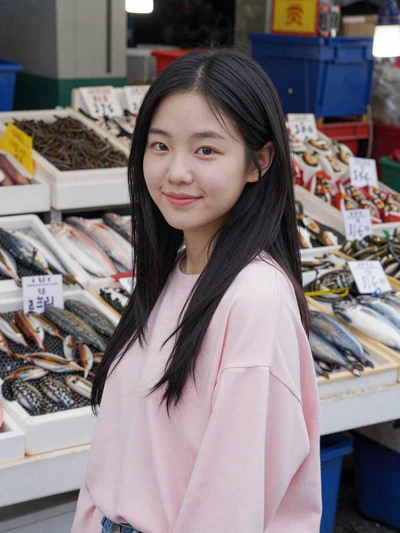 Minji, 24-year-old Korean woman from Busan at a seafood market looking for love online