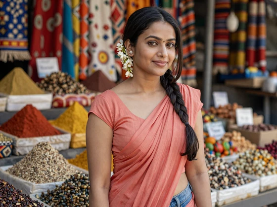 Indian woman with jasmine flowers in her hair standing in a colorful market with spices