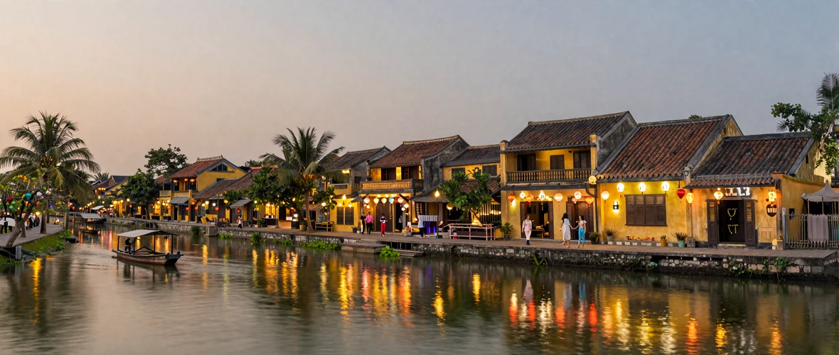 Romantic twilight view of Hoi An ancient town Vietnam with colorful silk lanterns reflecting in the river