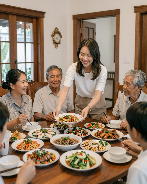 Thai woman serving food to her family at a warm multigenerational dinner gathering