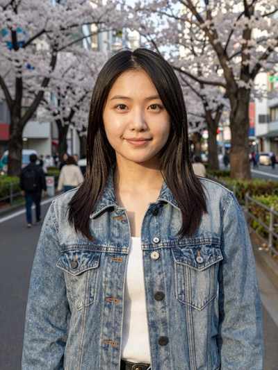 Yuki, 27-year-old Japanese woman from Tokyo smiling on a cherry blossom street