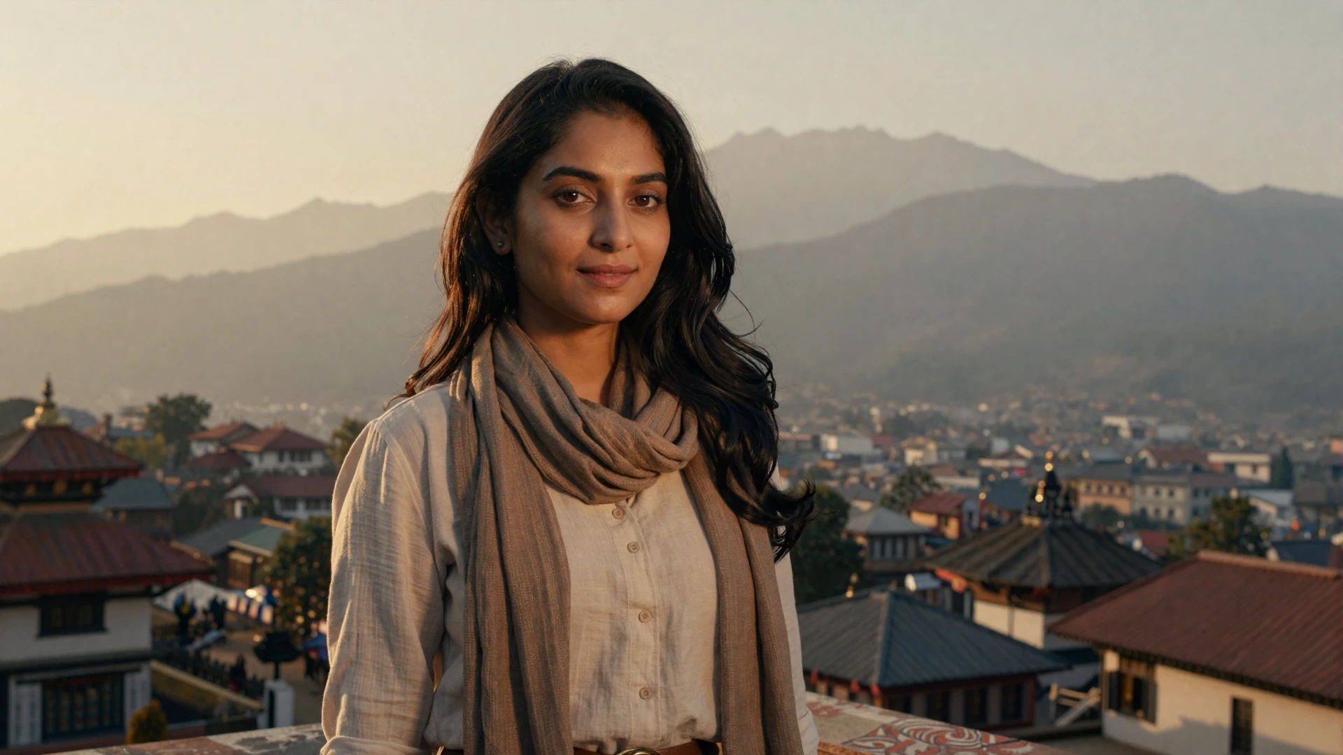 Beautiful Nepali woman on a Kathmandu terrace with Himalayan mountains at golden hour seeking love online